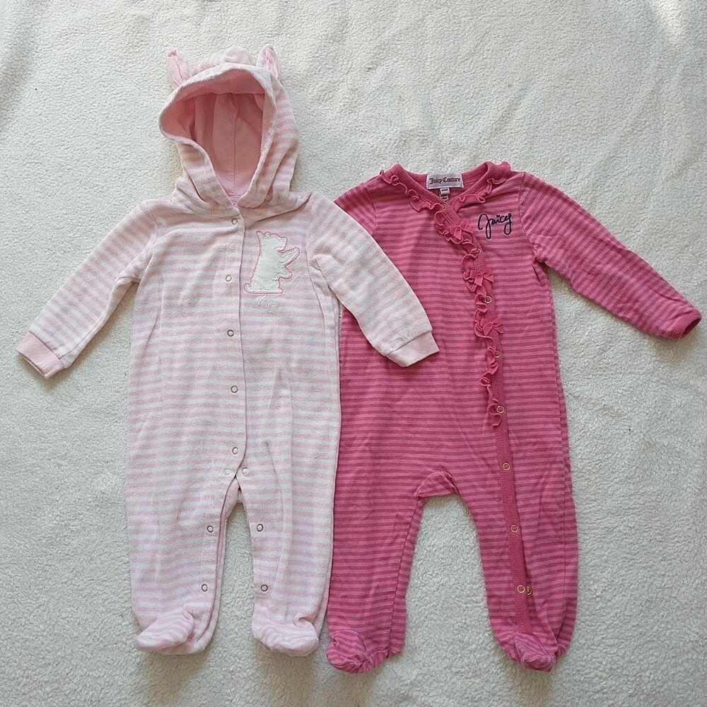 Juicy Couture Bodysuits Baby Girl 3-6-9M Pink Stripe Snap Logo Velour Bow 2X Set